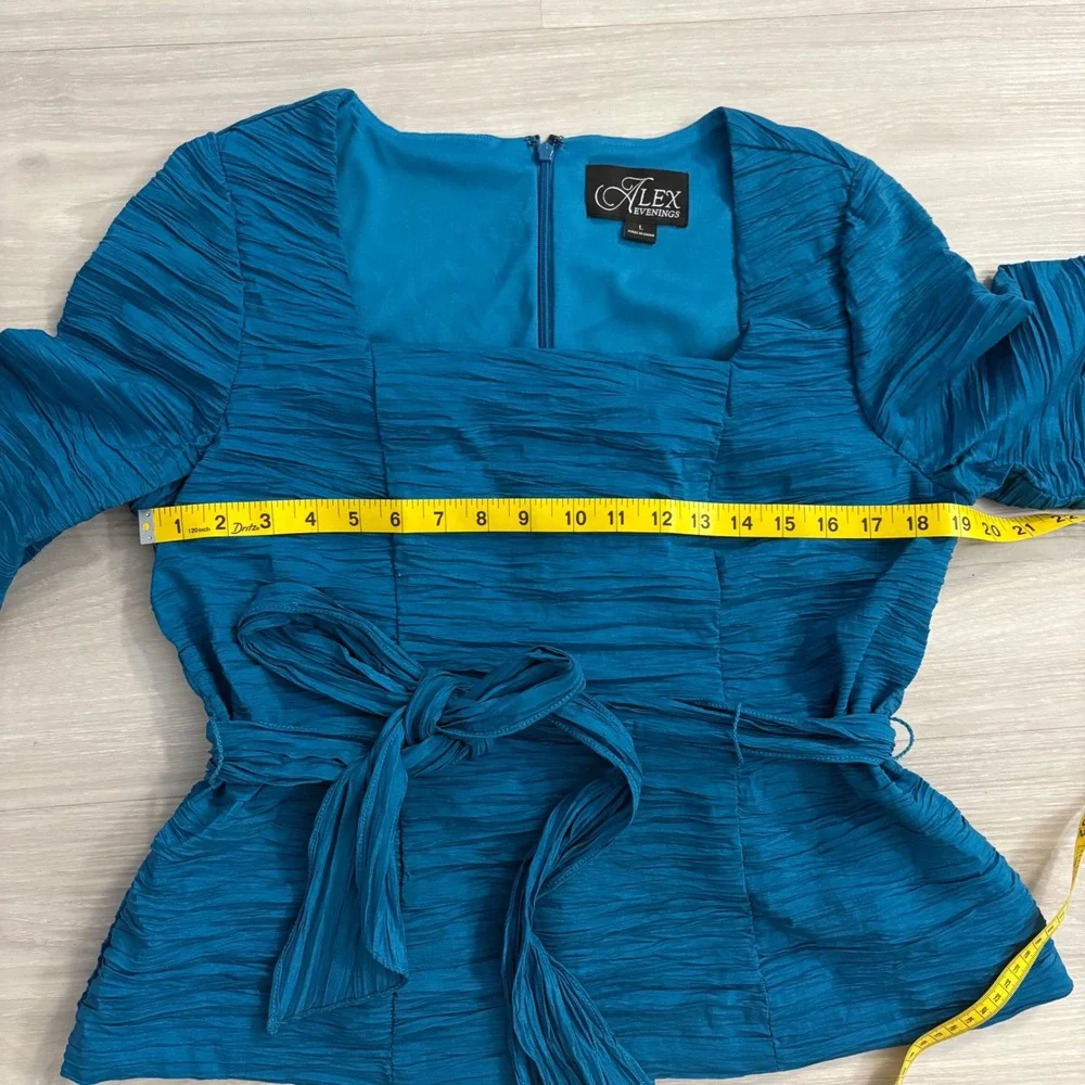 Alex Evenings Top Womens Teal Blue Textured Tie Waist Square Neck Blouse Top L - Picture 6 of 14